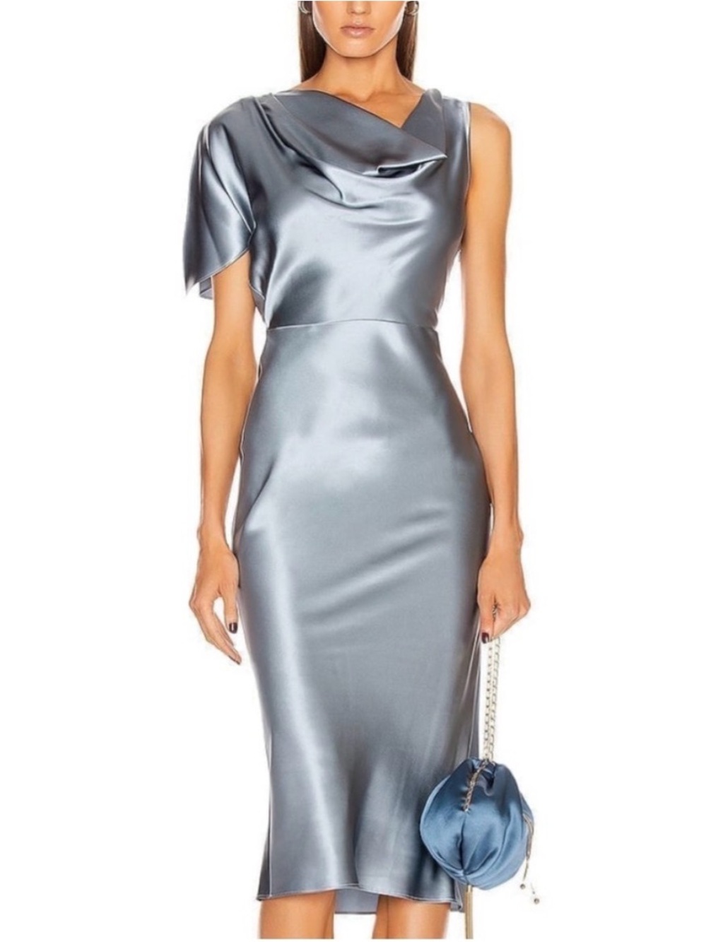 Fleur du Mal Silver Satin One-Shoulder Midi Dress